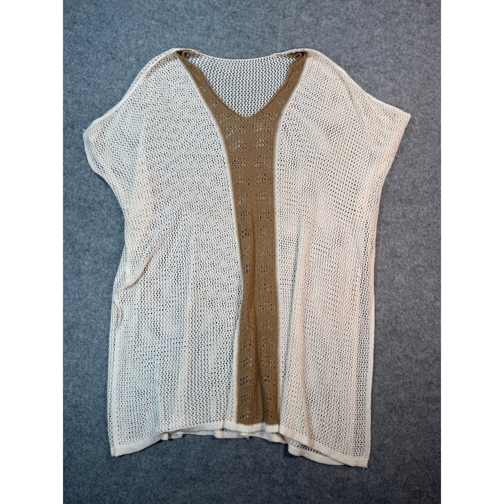Womens Crochet Knit Swim Coverup‎ Tan White Mesh V-Neck Beach Tunic Sleeveless